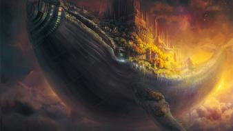 Animals cities clouds fantasy art whales wallpaper