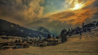Austria mountains snow sunset villages wallpaper