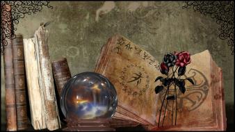 Black roses books crystal ball digital art flowers wallpaper