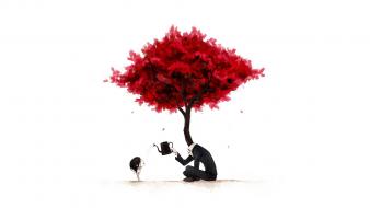 Abstract minimalistic trees red simple background white wallpaper