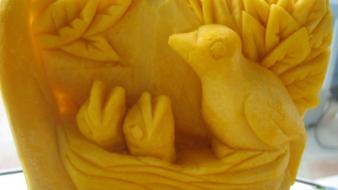 Birds artwork nest fruit carving wallpaper