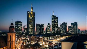 Cityscapes skylines night buildings dusk frankfurt