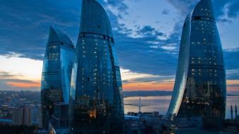 Futuristic architecture design buildings azerbaijan baku flame towers wallpaper