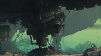 Landscapes trees futuristic ships people machines plain wallpaper