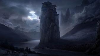 Night tower moon artwork elephants rivers master piece wallpaper