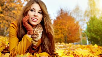 Women leaves seasons fallen wallpaper