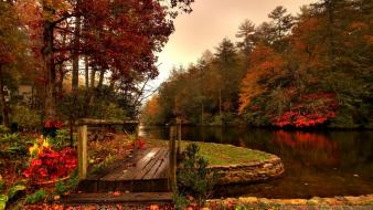 Autumn bridges nature rivers valleys wallpaper