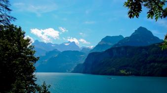Blue skies lakes landscapes mountains nature wallpaper